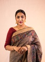 Charcoal Grey Radha Krishna hand painted Madhubani cotton saree