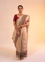 Beige Radha Krishna hand painted Madhubani tussar silk saree