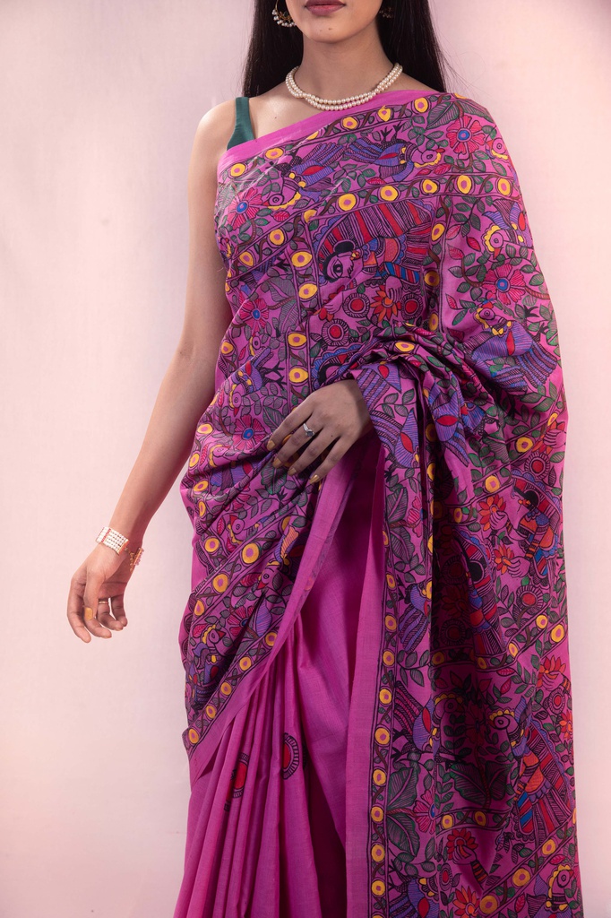 Fuschia flowers nature hand painted Madhubani cotton saree