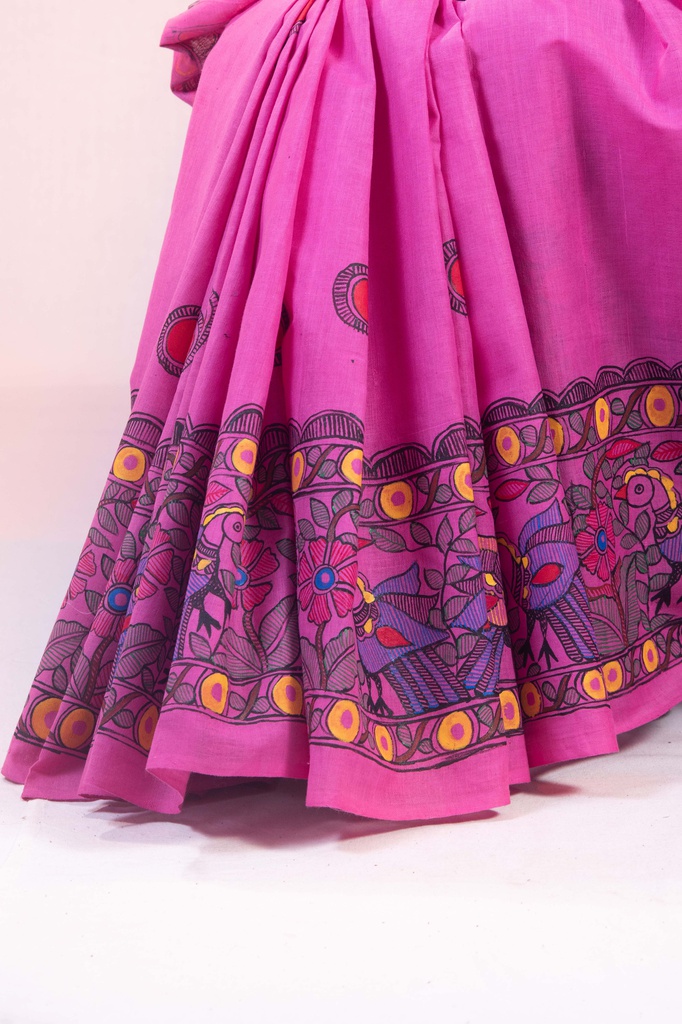 Fuschia flowers nature hand painted Madhubani cotton saree