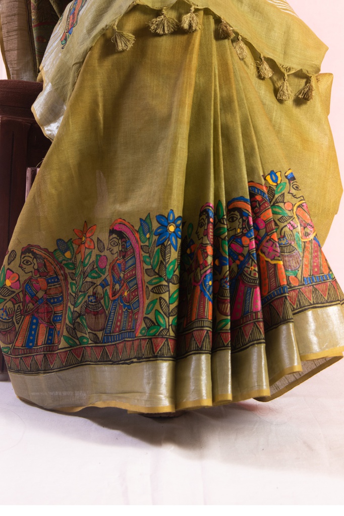 Olive fishes and peacocks hand painted Madhubani cotton saree