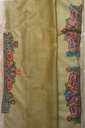 Olive fishes and peacocks hand painted Madhubani cotton saree