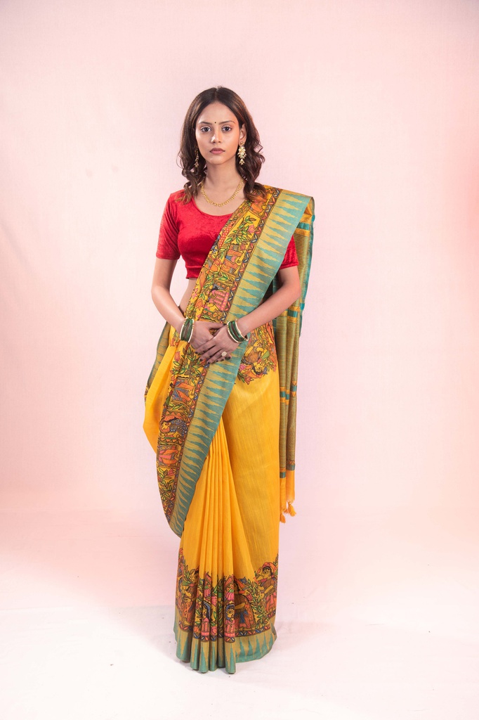 Turmeric Yellow Doli kahaar hand painted Madhubani cotton saree