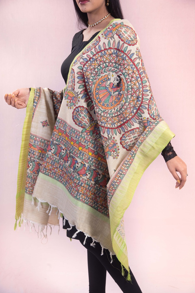 Beige Fish dance hand painted Madhubani cotton dupatta