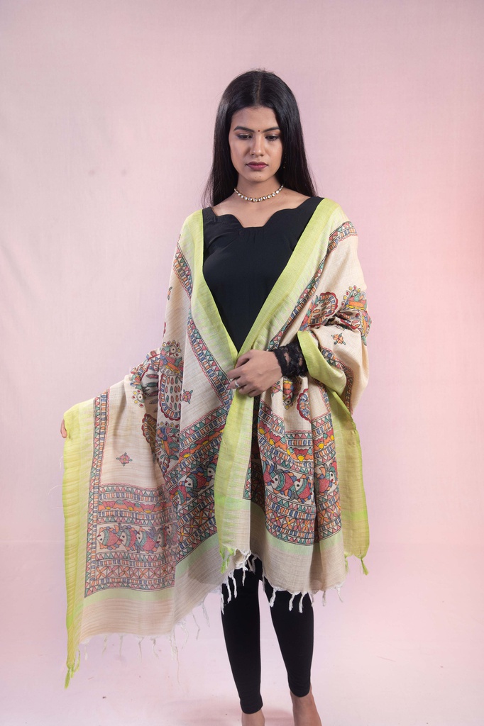 Beige Fish dance hand painted Madhubani cotton dupatta