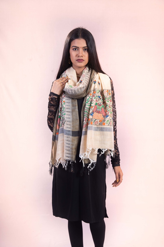 Beige village life hand painted Madhubani cotton dupatta