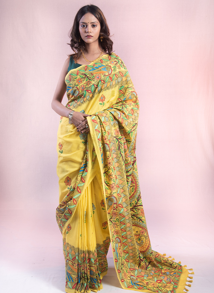 Yellow flowers and peacocks hand painted Madhubani cotton saree