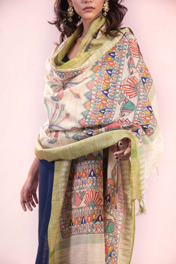 Beige fish and peacock hand painted Madhubani cotton dupatta