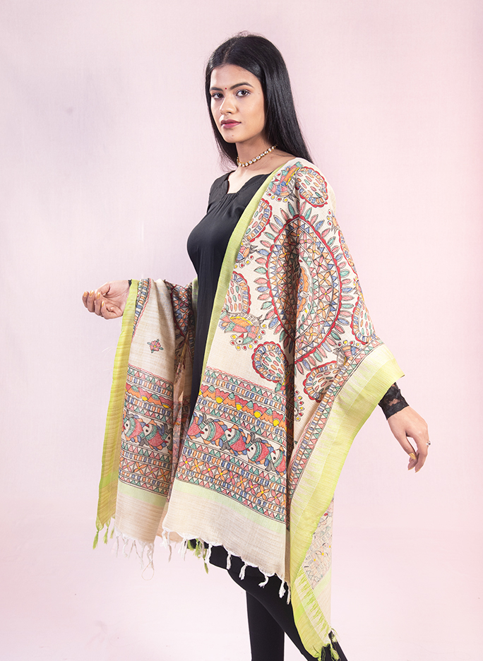 Beige Fish dance hand painted Madhubani cotton dupatta