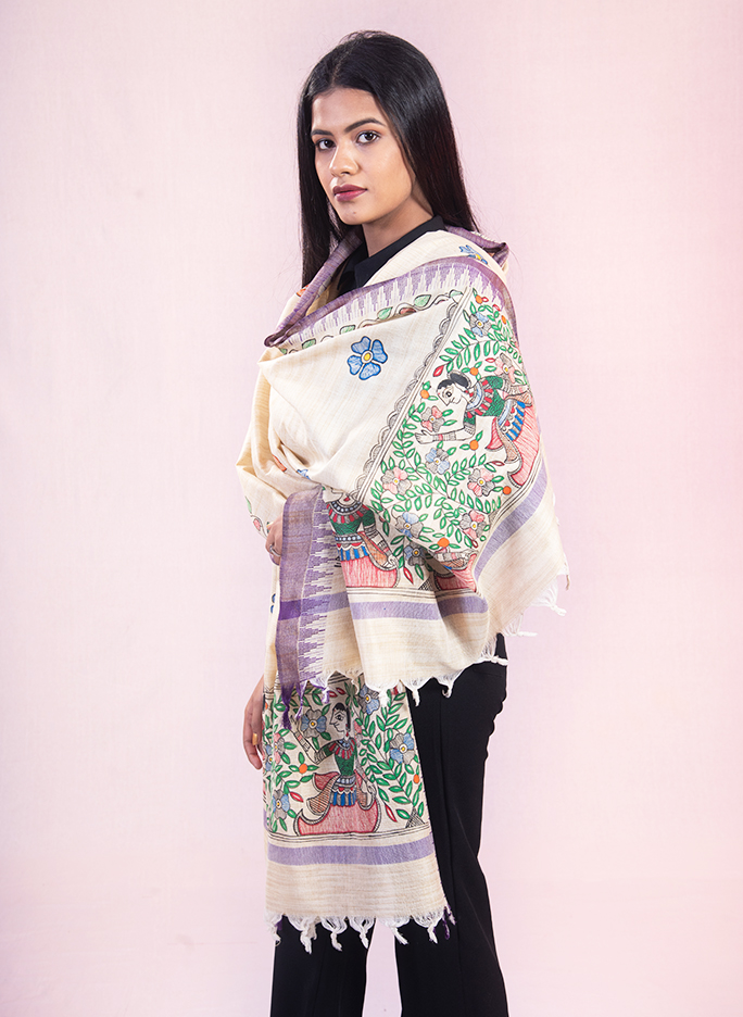 Beige village life hand painted Madhubani cotton dupatta