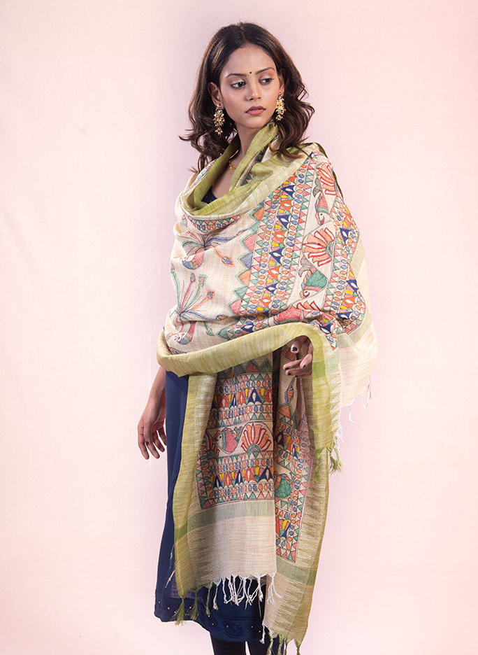 Beige fish and peacock hand painted Madhubani cotton dupatta