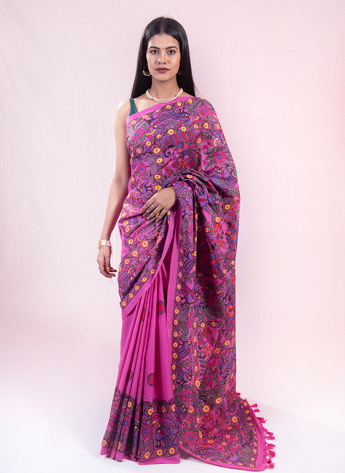 Fuschia flowers nature hand painted Madhubani cotton saree