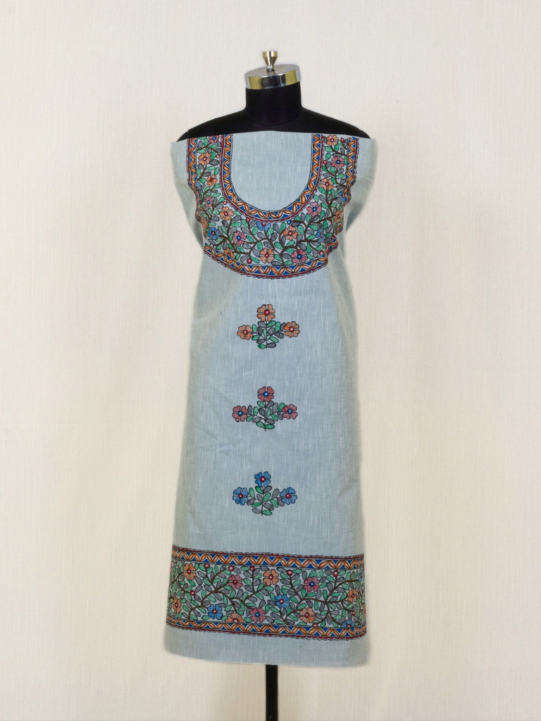 Pale Blue flowers pattern hand painted Madhubani cotton kurta