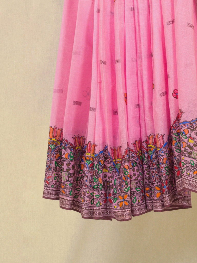 Pink nature patterns hand painted Madhubani cotton saree