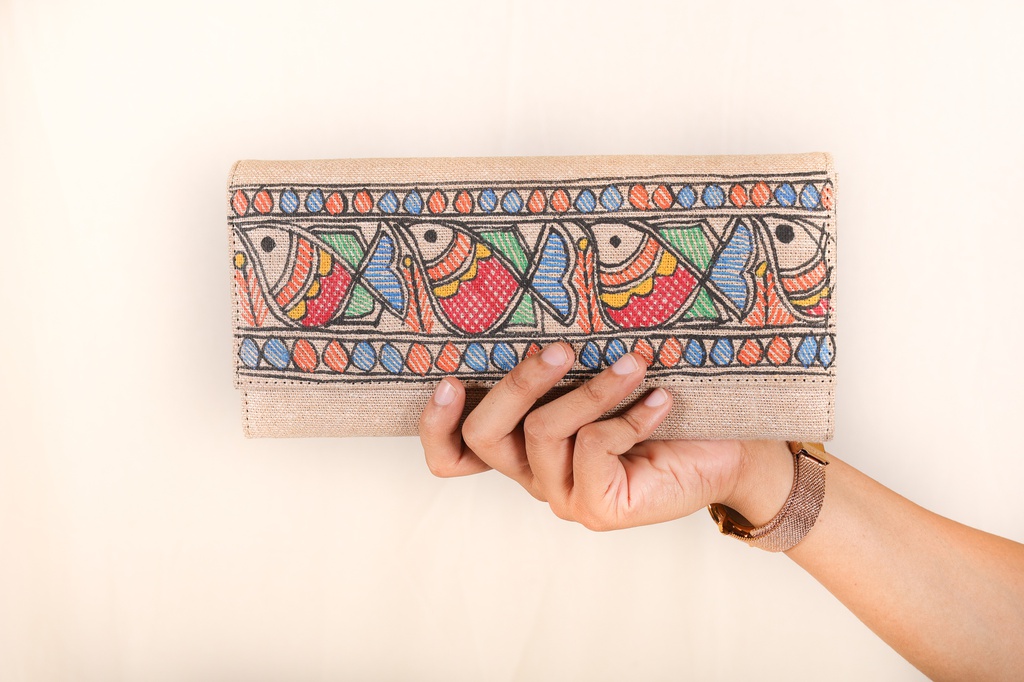 Jute Hand painted Madhubani clutch bag for special occasions