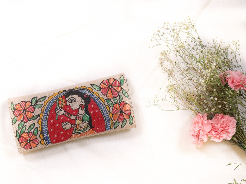 Jute village girl hand painted Madhubani clutch bag