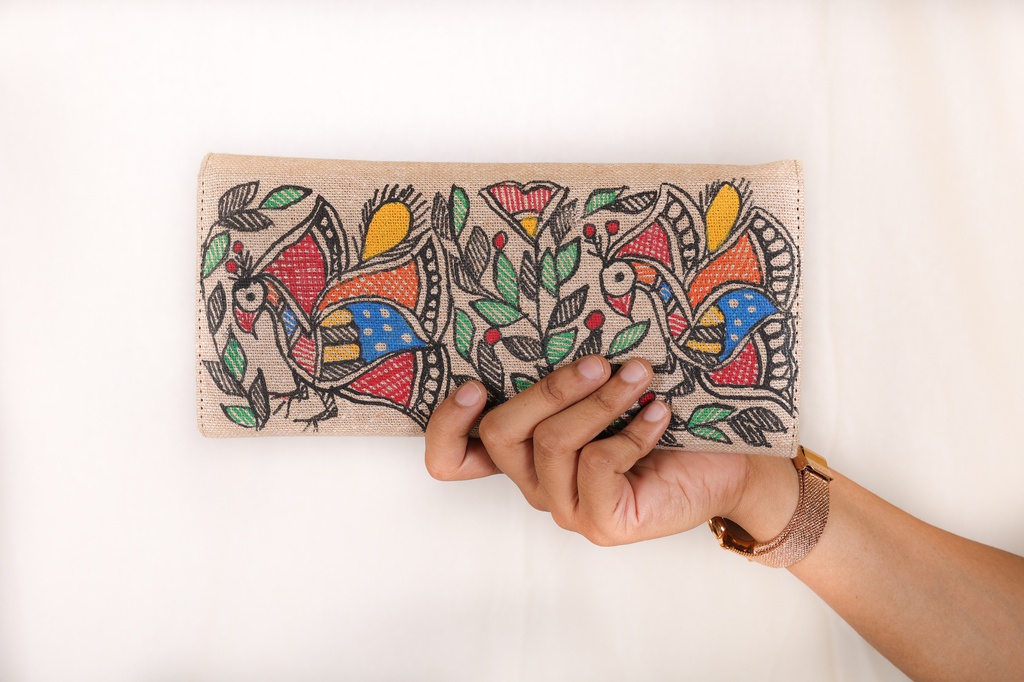 Jute peacock patterns hand painted Madhubani clutch bag