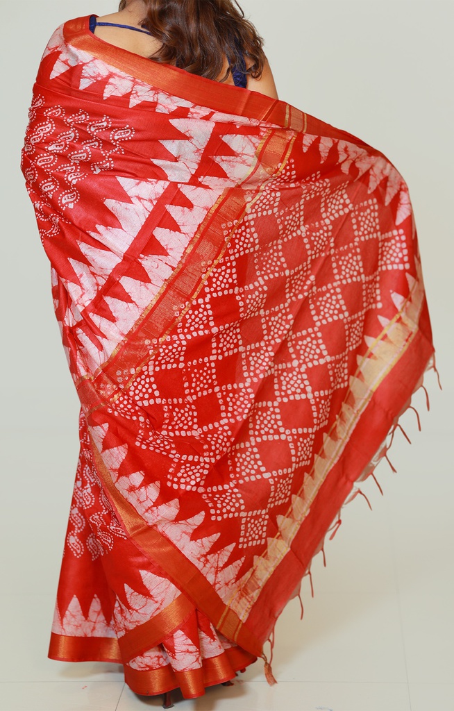 Red Cotton Batik Print Saree