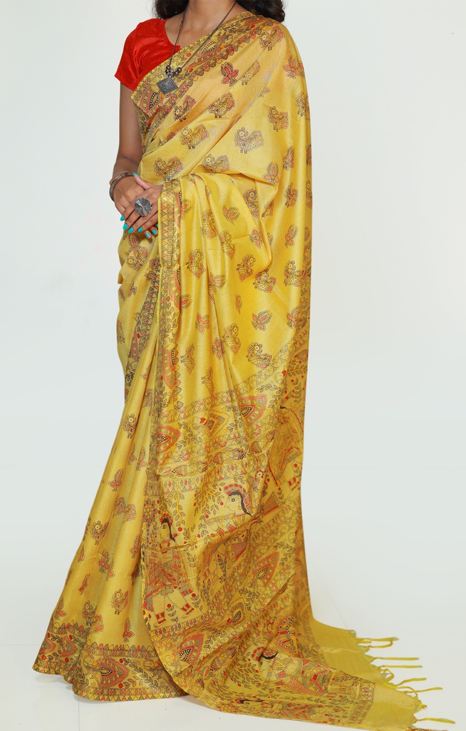 Yellow Cotton Block Print Saree