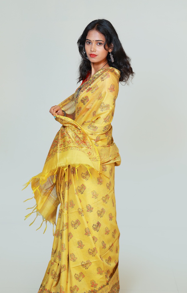 Yellow Cotton Block Print Saree