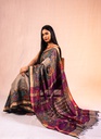 Grey and Magenta village life hand painted Madhubani cotton saree