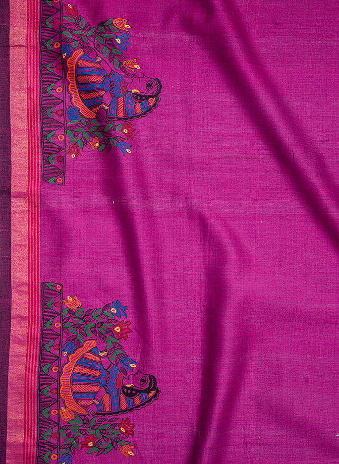Grey and Magenta village life hand painted Madhubani cotton saree