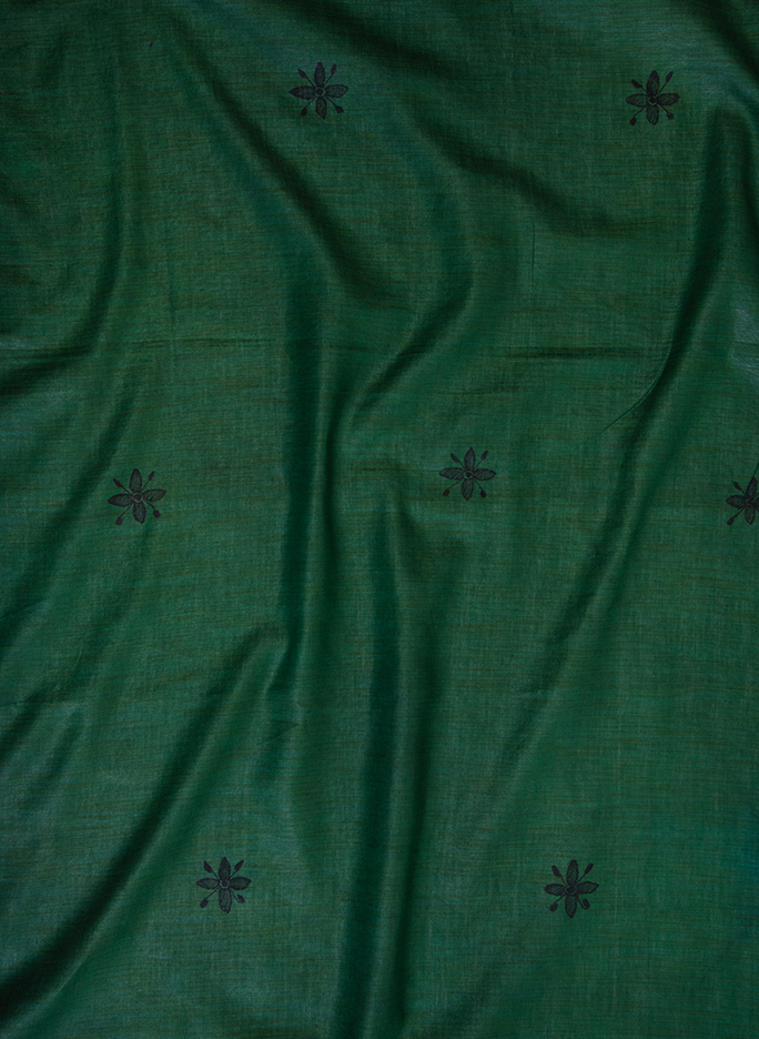 Bottle Green  fishes and peacocks hand painted Madhubani cotton saree