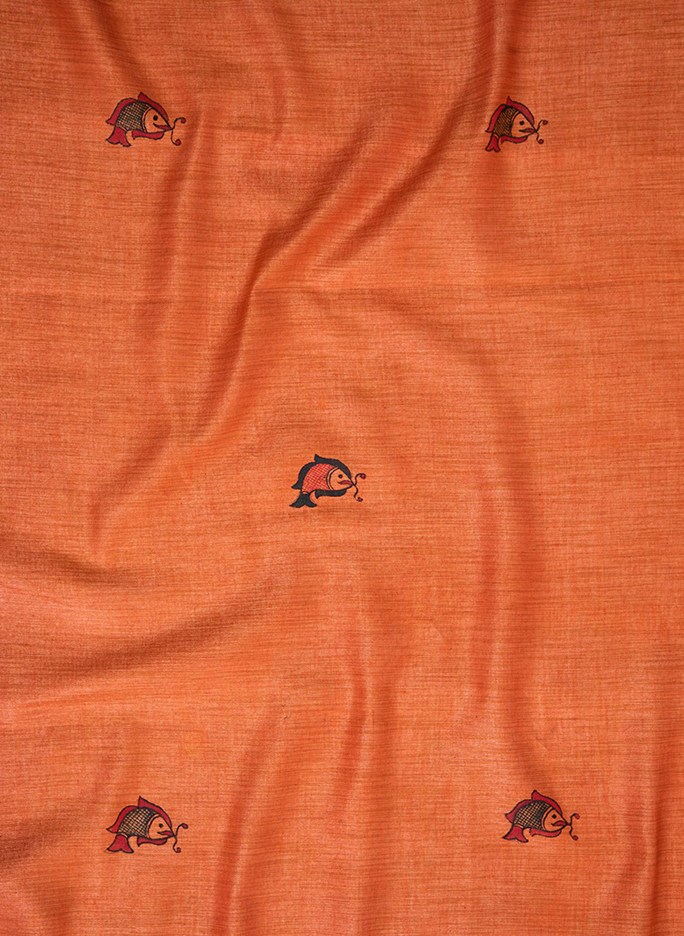 Orange fishes and peacocks hand painted Madhubani cotton saree