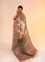 Beige Radha Krishna hand painted Madhubani tussar silk saree