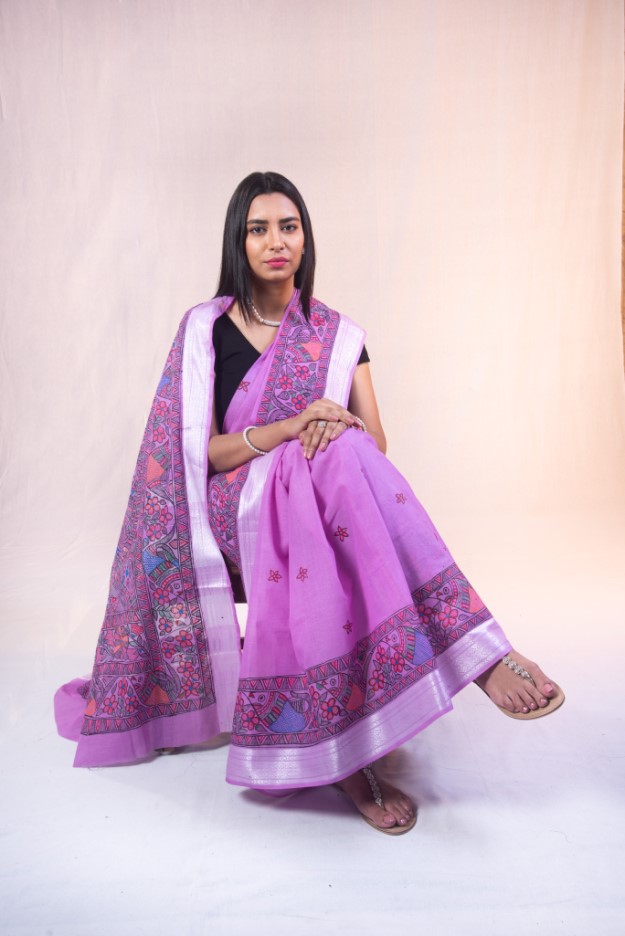 Purple village life hand painted Madhubani cotton saree