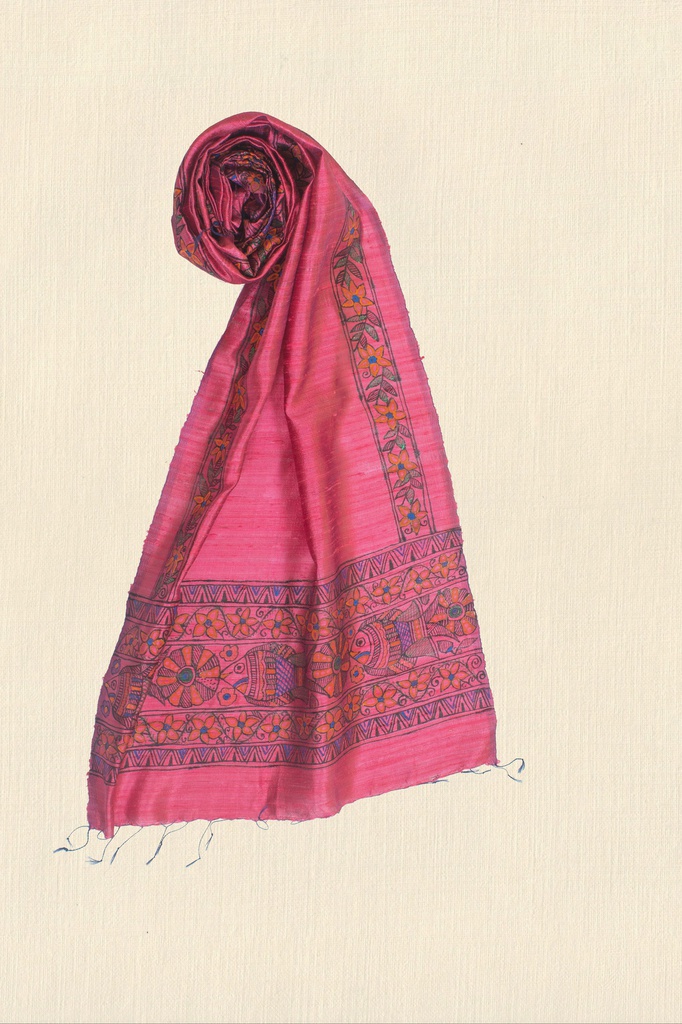 Rose Pink flowers and nature hand painted Madhubani tussar silk stole