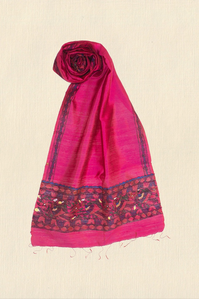 Rani Pink peacocks and flowers hand painted Madhubani tussar silk stole