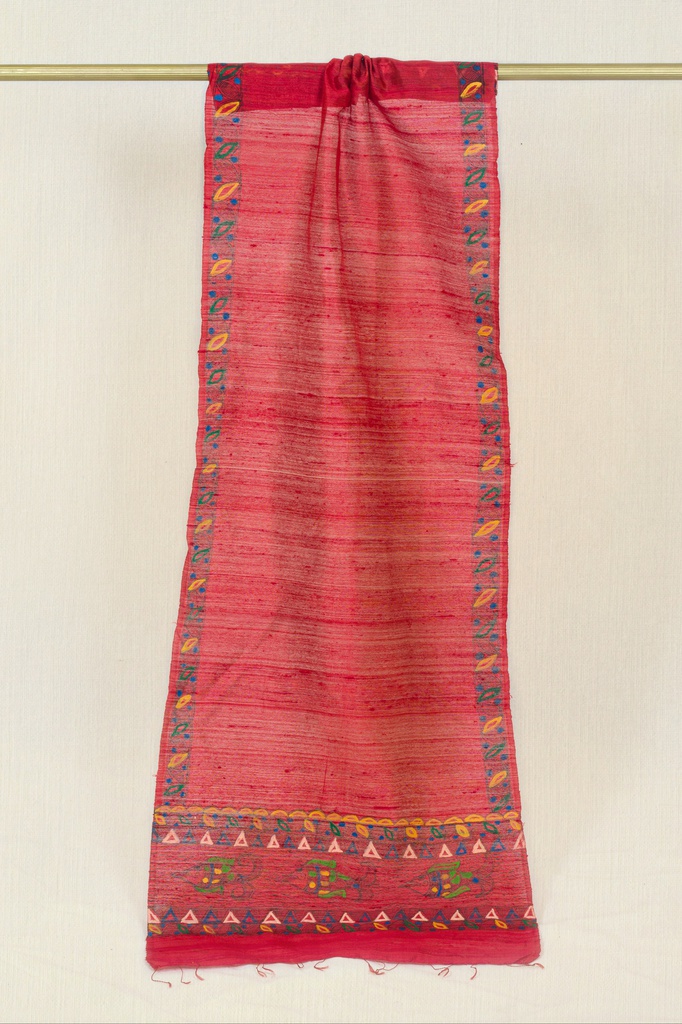 Coral pink fish and nature hand painted Madhubani tussar silk stole