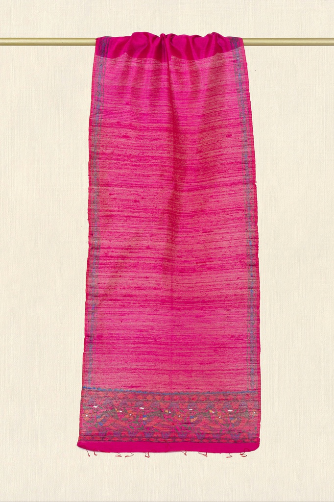 Rani Pink peacocks and flowers hand painted Madhubani tussar silk stole