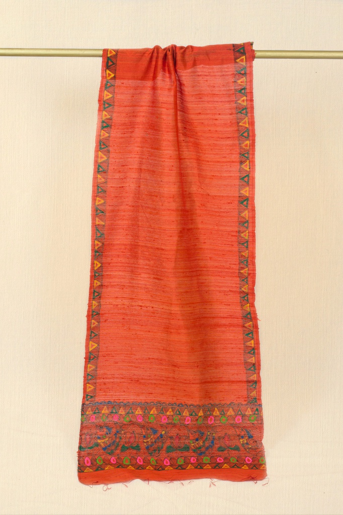 Orange fish and flowers hand painted Madhubani tussar silk stole