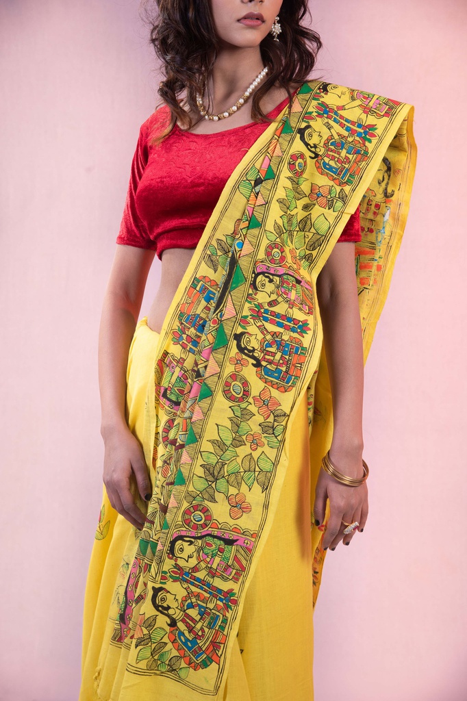 Yellow Ram Sita Vivaah hand painted Madhubani cotton saree