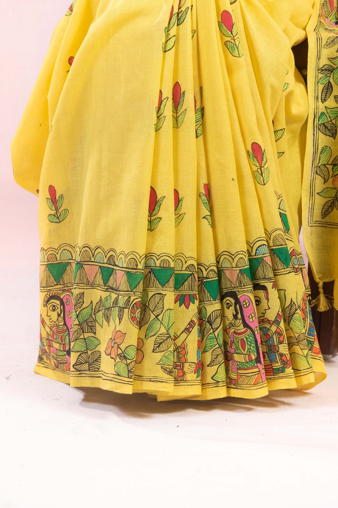 Yellow Ram Sita Vivaah hand painted Madhubani cotton saree
