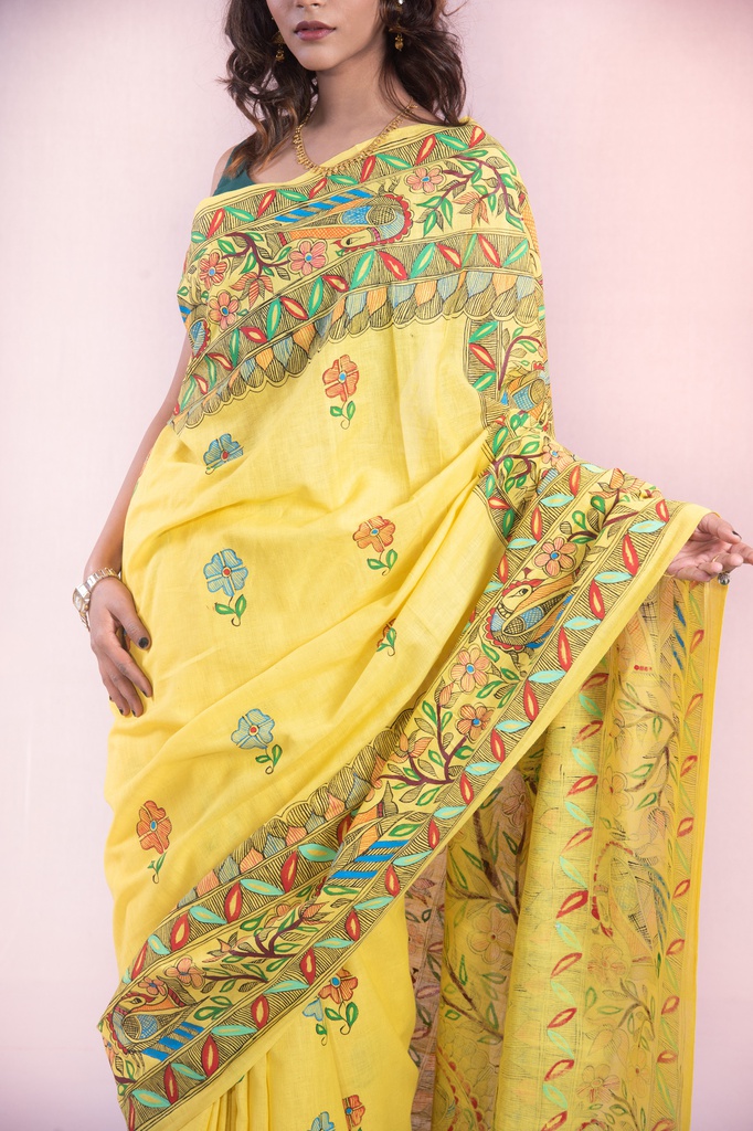 Yellow flowers and peacocks hand painted Madhubani cotton saree