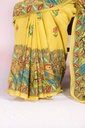 Yellow flowers and peacocks hand painted Madhubani cotton saree