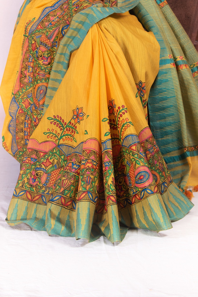 Turmeric Yellow flowers and peacocks hand painted Madhubani cotton saree