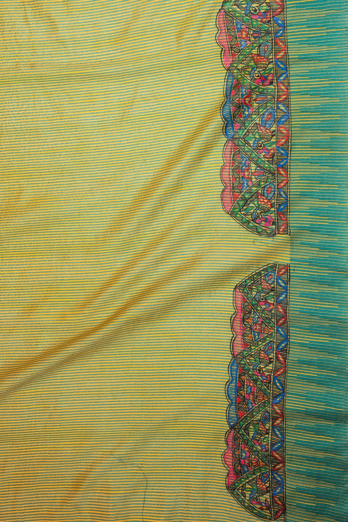 Turmeric Yellow flowers and peacocks hand painted Madhubani cotton saree