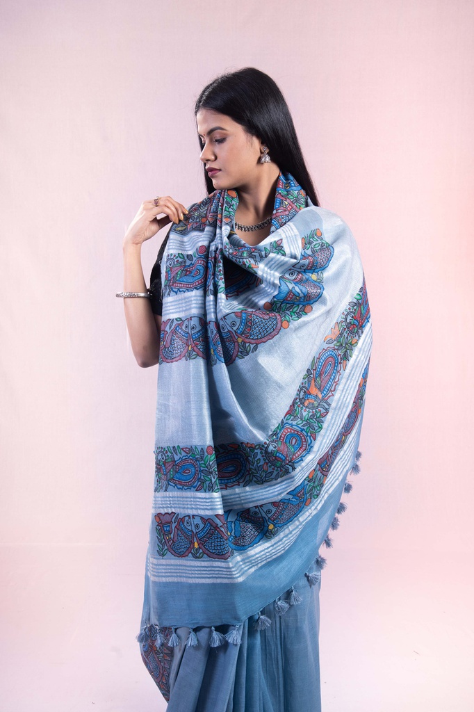 Pastel Blue fishes and peacocks hand painted Madhubani cotton saree