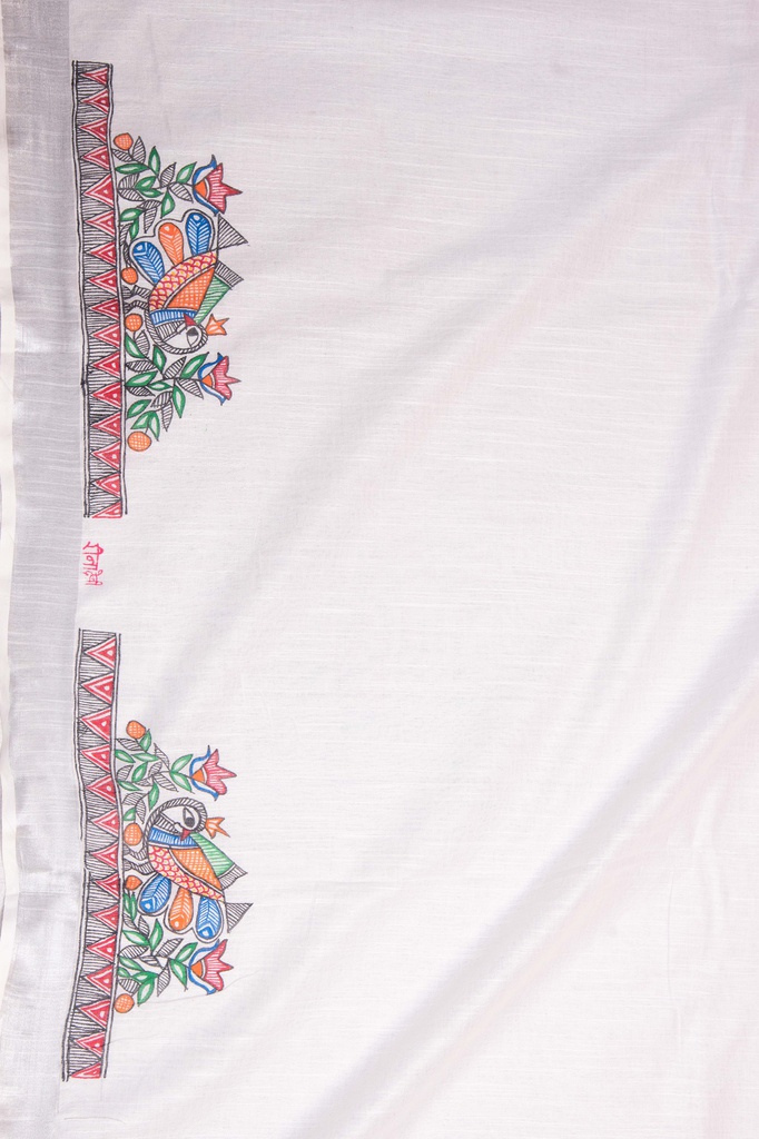 Pearl White Krishna leela hand painted Madhubani cotton saree