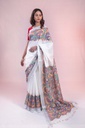 Pearl White Krishna leela hand painted Madhubani cotton saree