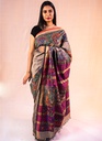 Grey and Magenta village life hand painted Madhubani cotton saree                                 **MADE TO ORDER**