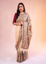 Beige flowers nature hand painted Madhubani tussar silk saree