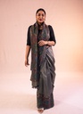 Silver Grey Office Wear Saree  - Radha Krishna Madhubani designs on hand painted cotton