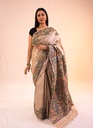 Beige flowers nature hand painted Madhubani tussar silk saree