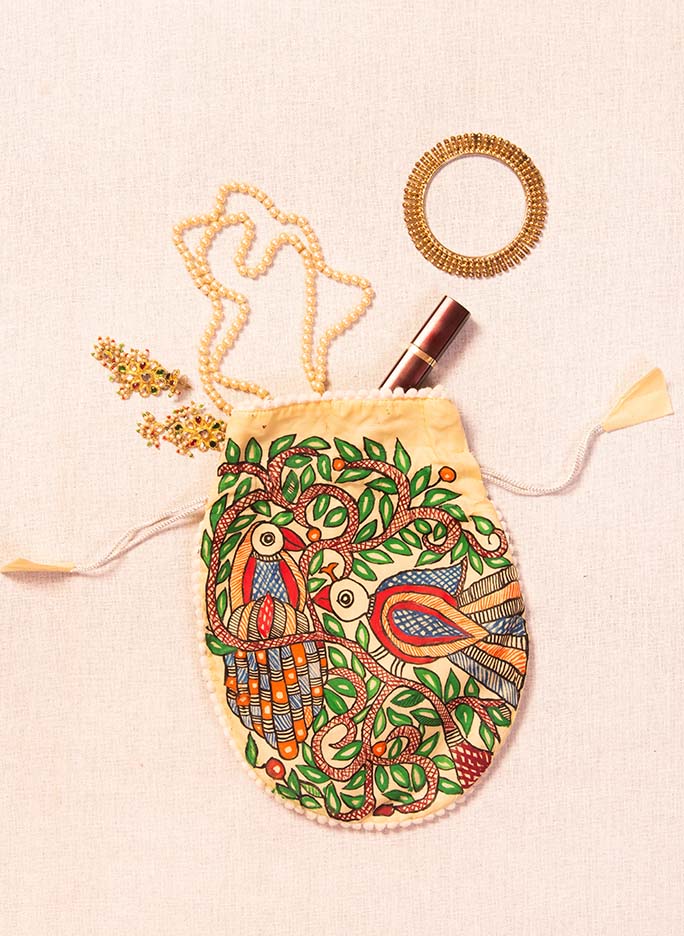 Beige Hand painted Madhubani potli bag for weddings and occasions                                 **MADE TO ORDER**