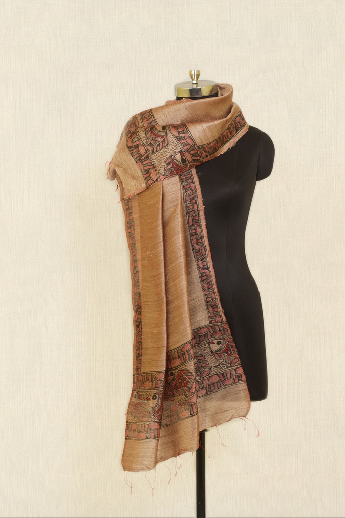 Rose Gold motifs hand painted Madhubani tussar silk stole